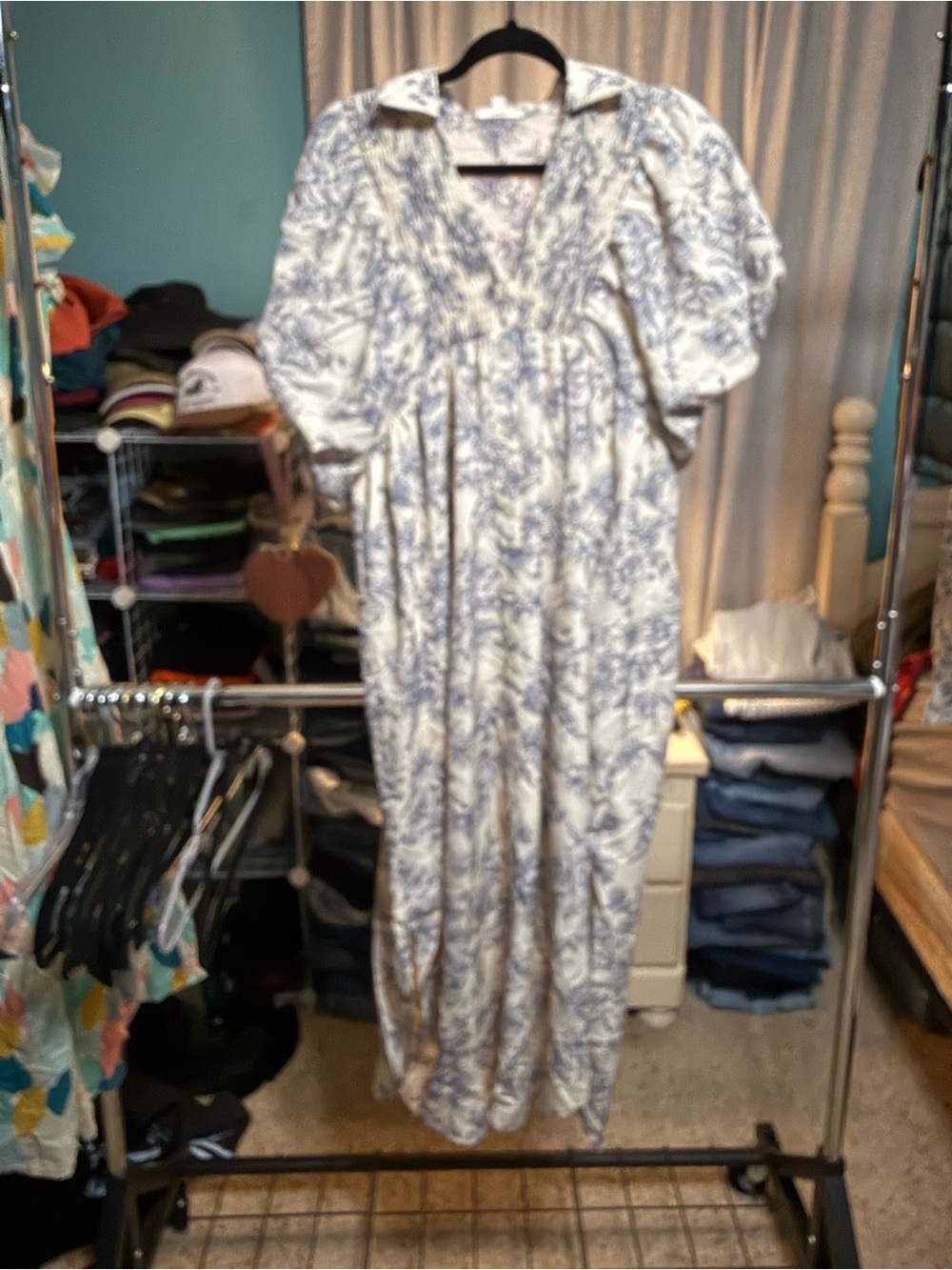 Entro Blue White Toile Puff Sleeve Maxi Dress Size Small Lined